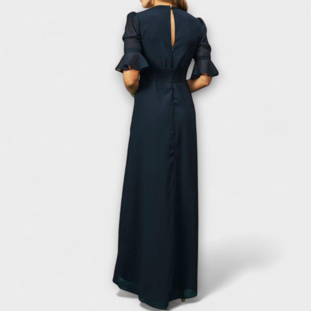 Beatrice - Elegantní modro-námořnické šaty s květinovou výšivkou