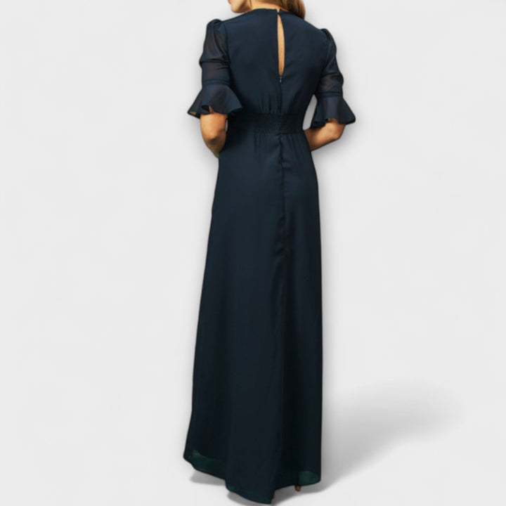 Beatrice - Elegantní modro-námořnické šaty s květinovou výšivkou