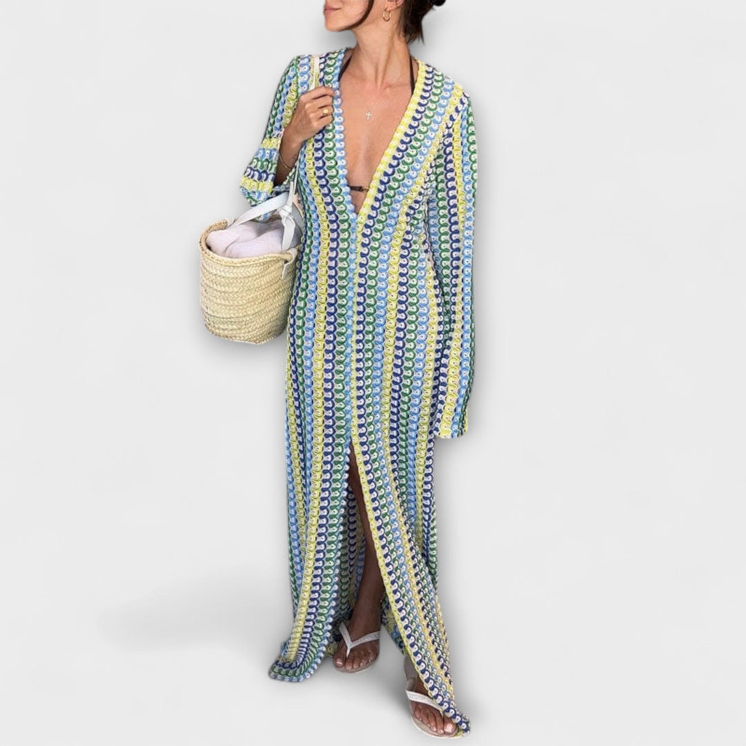 Elina – Maxi šaty s V-výstřihem a prázdninovým nádechem