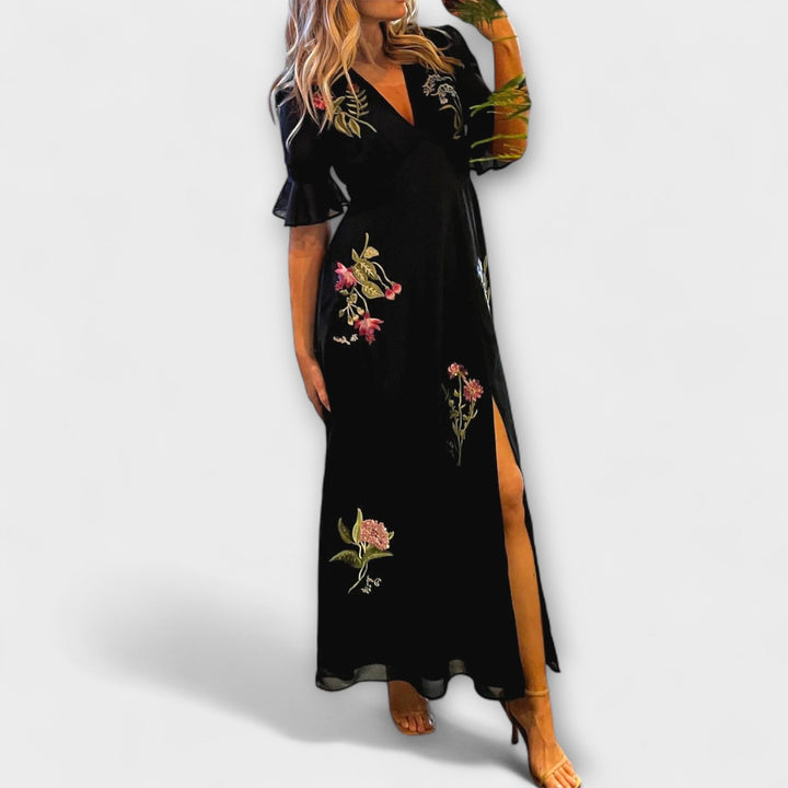 Beatrice - Elegantní modro-námořnické šaty s květinovou výšivkou