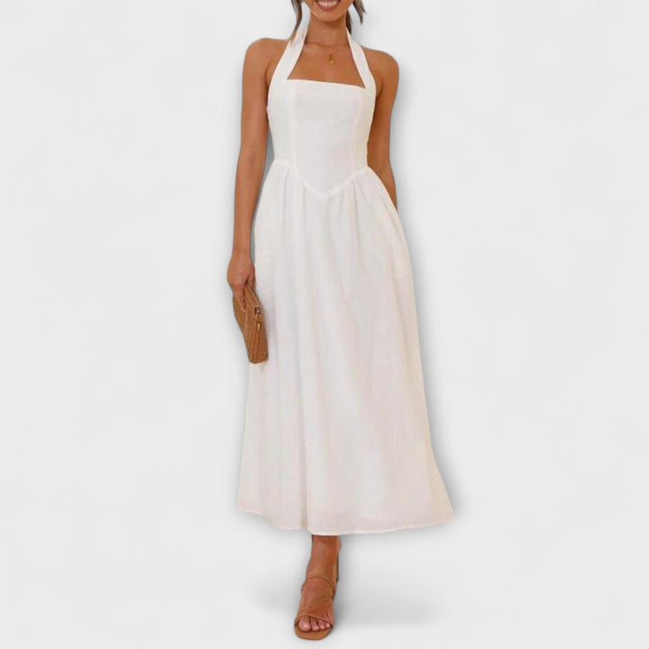 Lydia - Černé halter šaty střední délky s detailem v pase